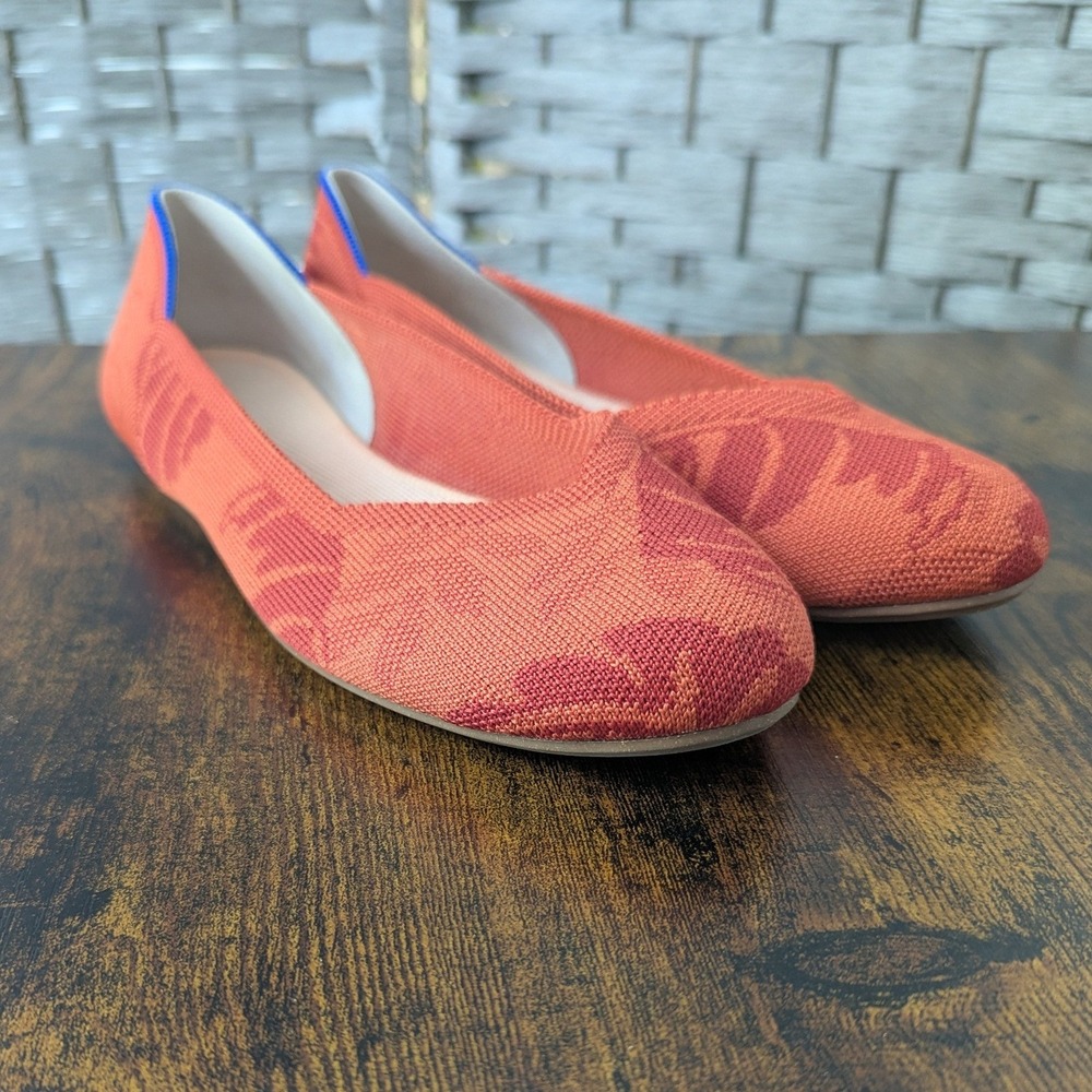 Rothy's The Flat Orange Red Palm Leaf Print Knit Shoes 8.5 Sustainable Washable